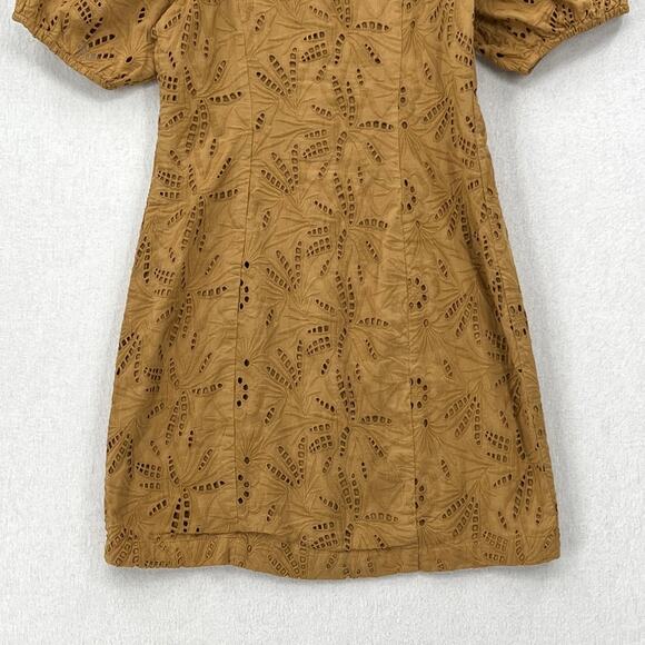 FREE PEOPLE Daniella Mini Dress Women 0 Taupe Embroidered Eyelet Puff Sleeve NEW - Picture 7 of 14